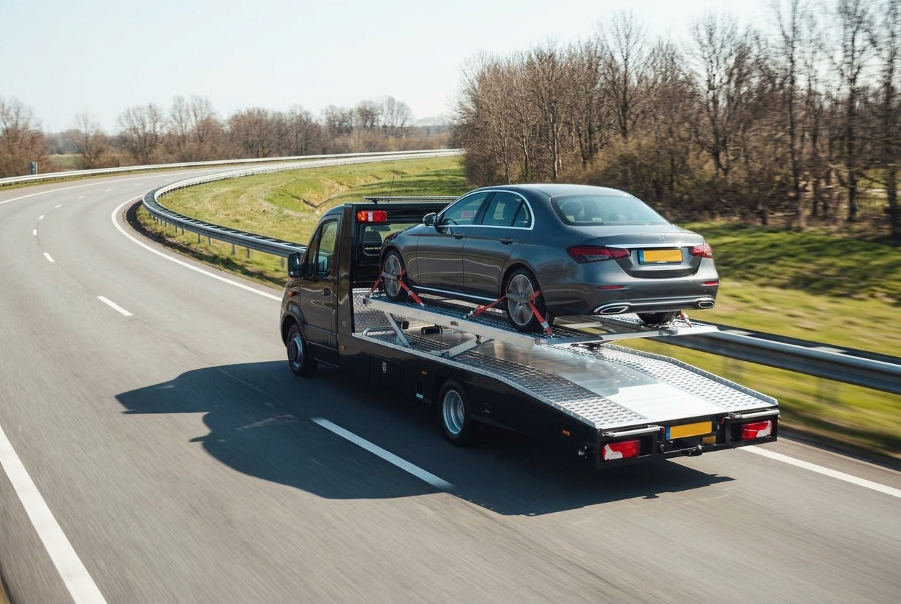 Autotransporter met twee personenauto's onderweg in de regio Breda